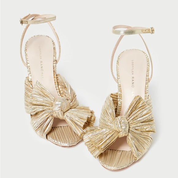 Loeffler Randall Camellia Gold Pleated Bow Heels - Size 9.5 - Picture 2 of 11